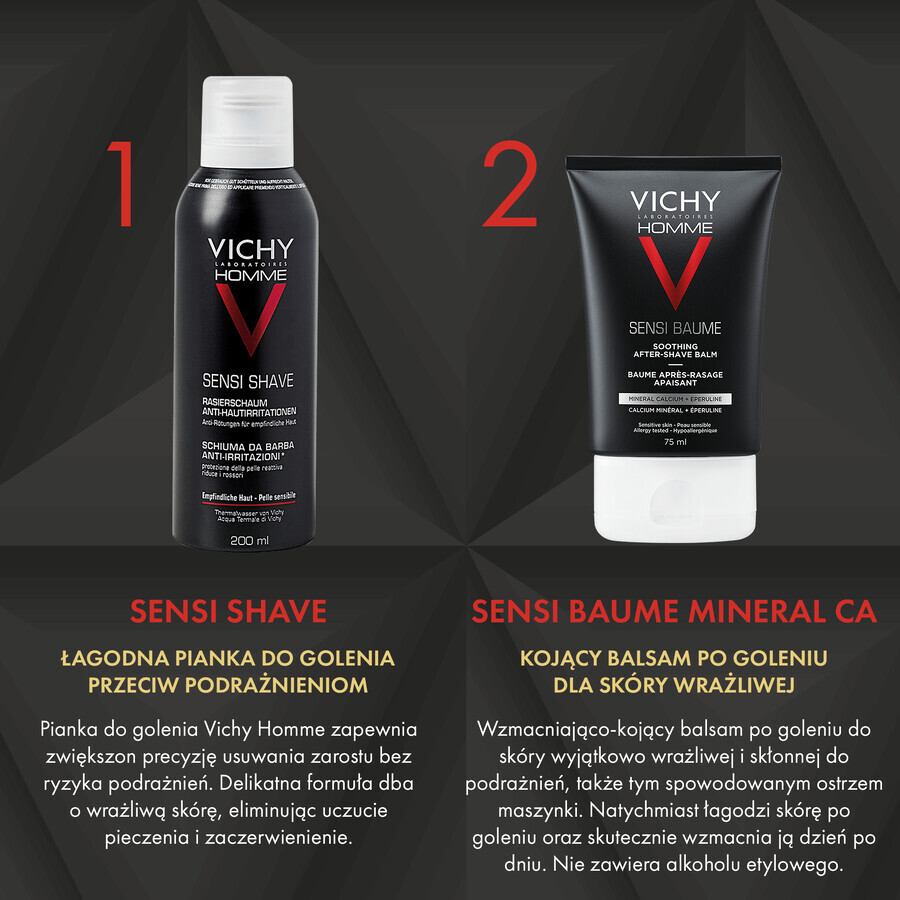 Set de afeitado Vichy Homme Sensi, espuma de afeitar suave antiirritante, 200 ml + bálsamo calmante para después del afeitado para pieles sensibles, 50 ml