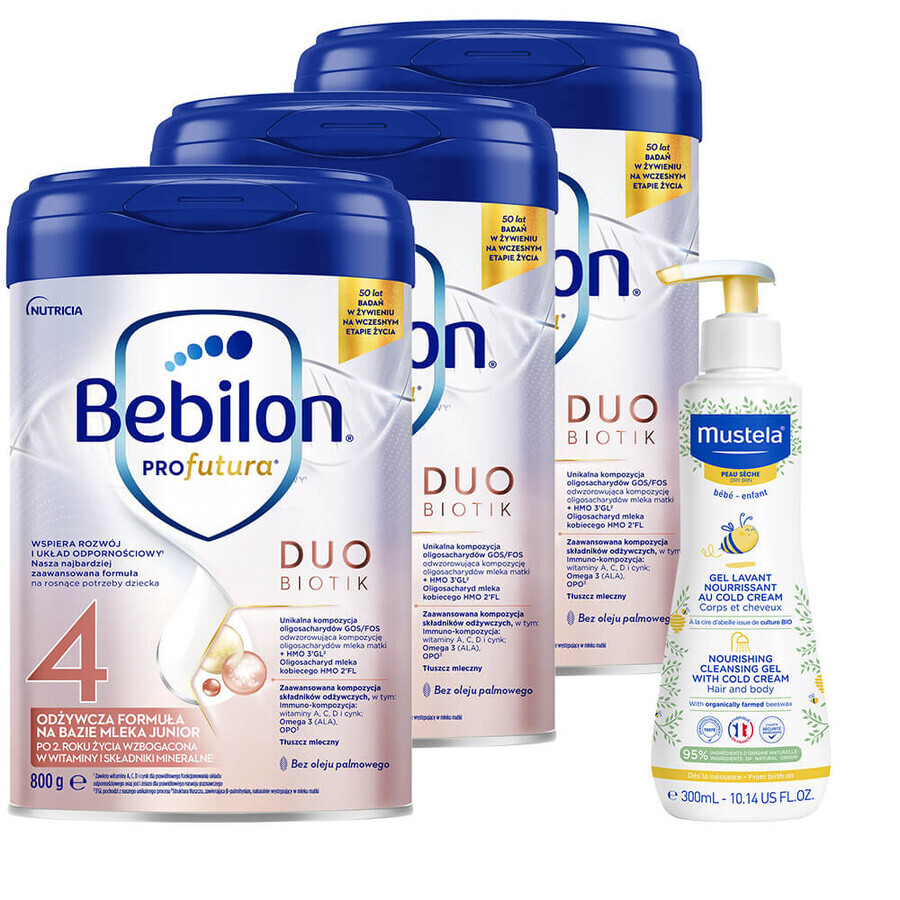 Lote Bebilon Profutura Profutura DuoBiotik 4, leche maternizada nutritiva, a partir de 2 años, 3 x 800 g + Mustela Bebe Enfant, gel lavante nutritivo, 300 ml de regalo