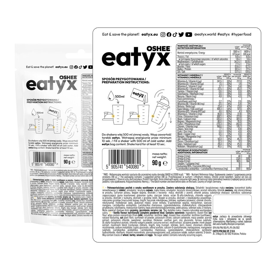 OSHEE Eatyx, farine en poudre froide, vanille, 90 g