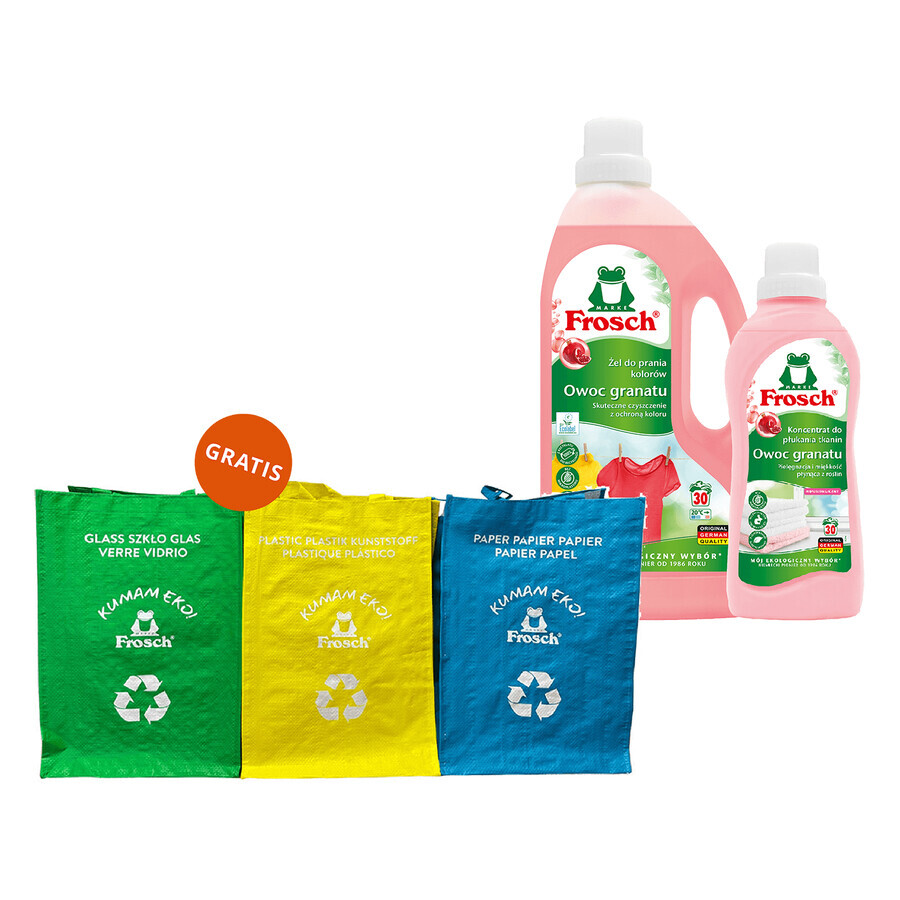 Frosch set, fabric softening gel, pomegranate, 1.5 l + fabric softening concentrate, pomegranate, 750 ml + waste separation bags, 3 free of charge