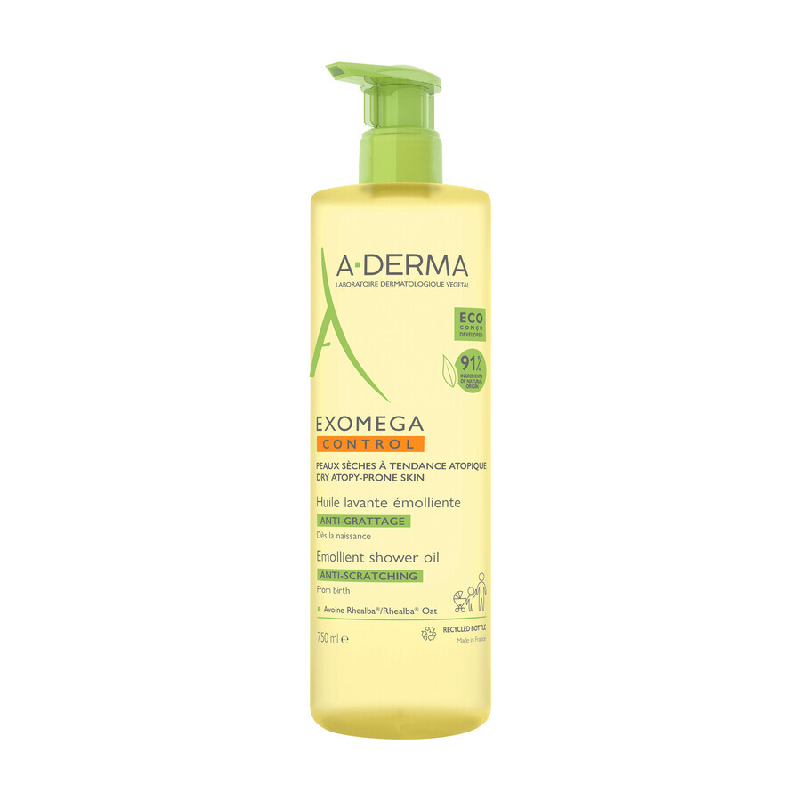 A-Derma Exomega Control, olio doccia emolliente, pelle secca tendente all'atopia, dalla nascita, 750 ml