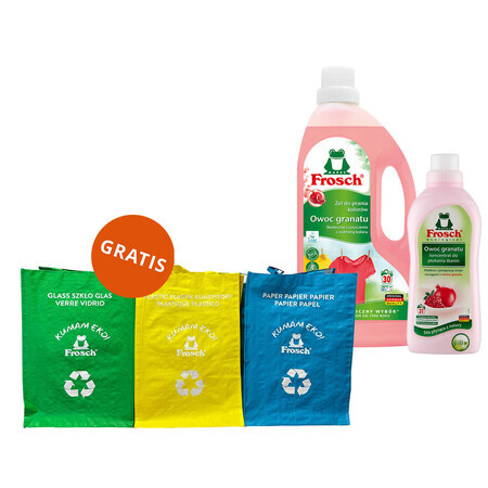 Frosch set, gel suavizante, granada, 2 x 1,5 litros + concentrado suavizante, granada, 750 ml + bolsas de separación de residuos, 3 gratis