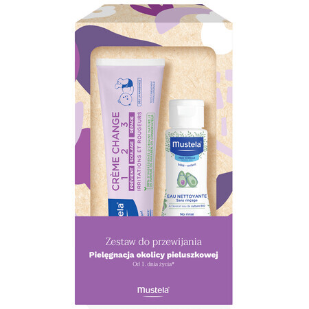 Mustela Set Cambiador, agua limpiadora, sin aclarado, 100 ml + crema 1-2-3, desde el nacimiento, 100 ml