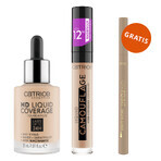 Catrice HD Liquid Coverage Foundation 24H, base de maquillaje líquida, 010 Light Beige, 30 ml + corrector líquido, 010 Porcellain, 5 ml + delineador de cejas de regalo