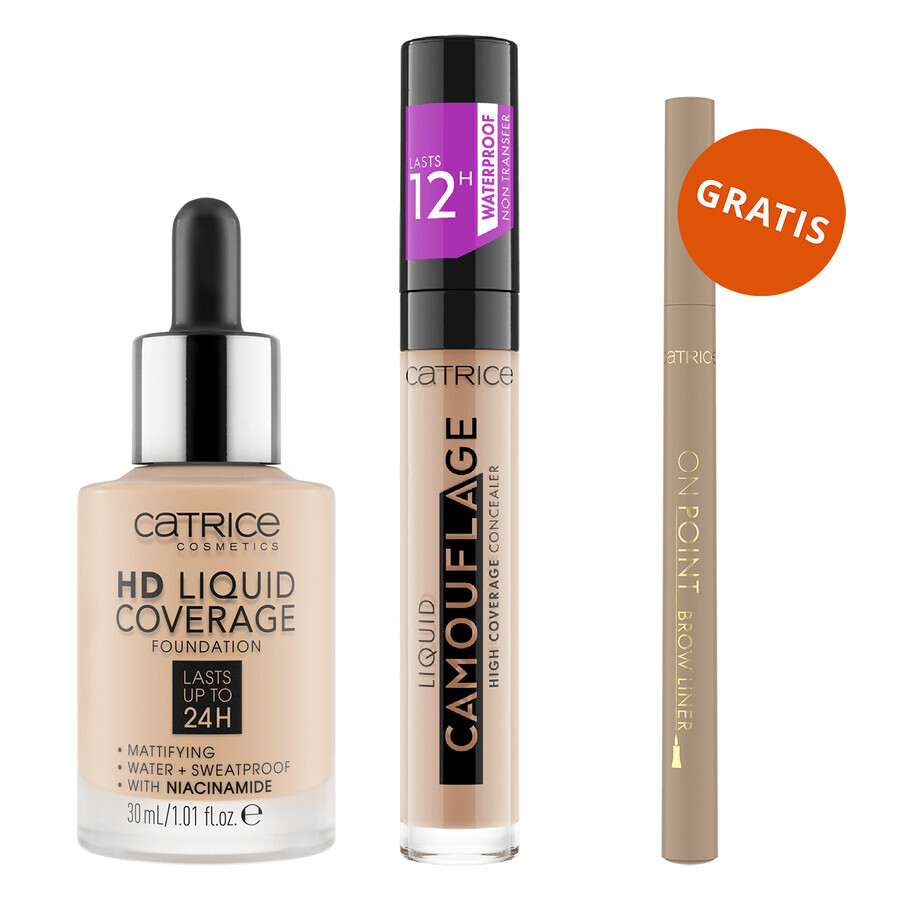 Catrice HD Liquid Coverage Foundation 24H, base de maquillaje líquida, 010 Light Beige, 30 ml + corrector líquido, 010 Porcellain, 5 ml + delineador de cejas de regalo