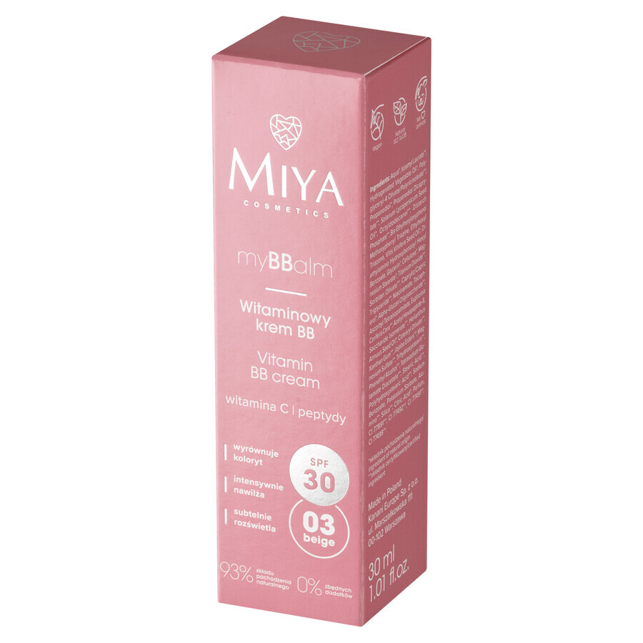 Miya myBBalm, Crema BB Vitamínica, FPS 30, 03 beige, 30 ml