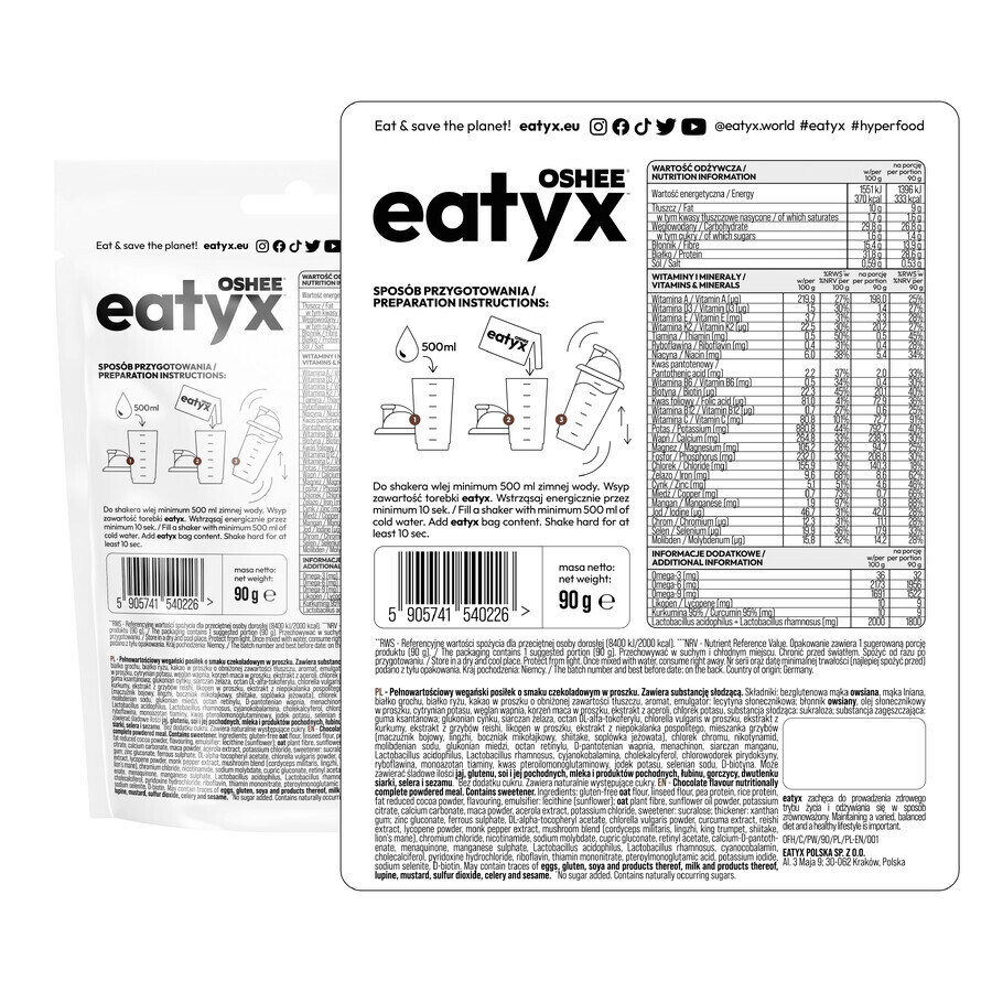 OSHEE Eatyx, comida fría en polvo, vegana, chocolate 90 g