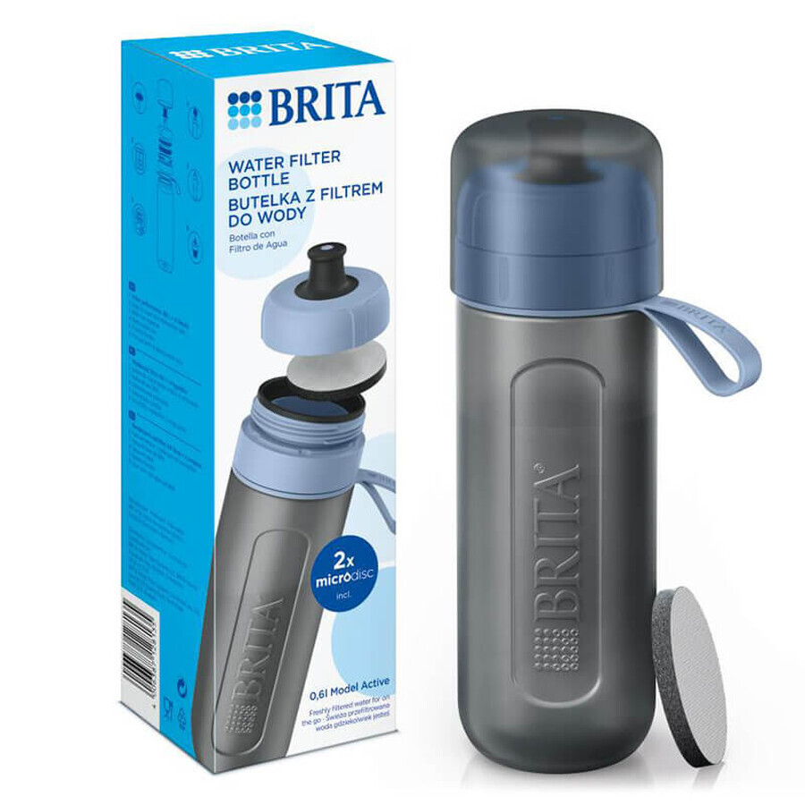 Brita Active, botella con filtro de 0,6 litros, azul + filtro MicroDisc, 2 piezas