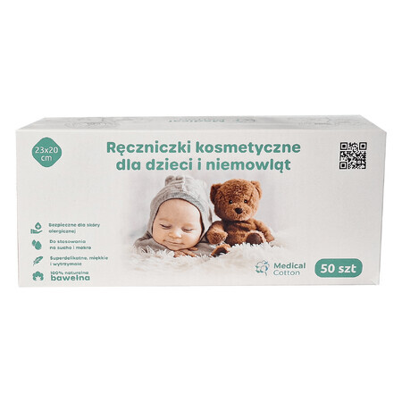 Medical Cotton, prosop cosmetic pentru bebeluși și copii, 23 x 20 cm, 100% bumbac, de la naștere, 50 bucăți