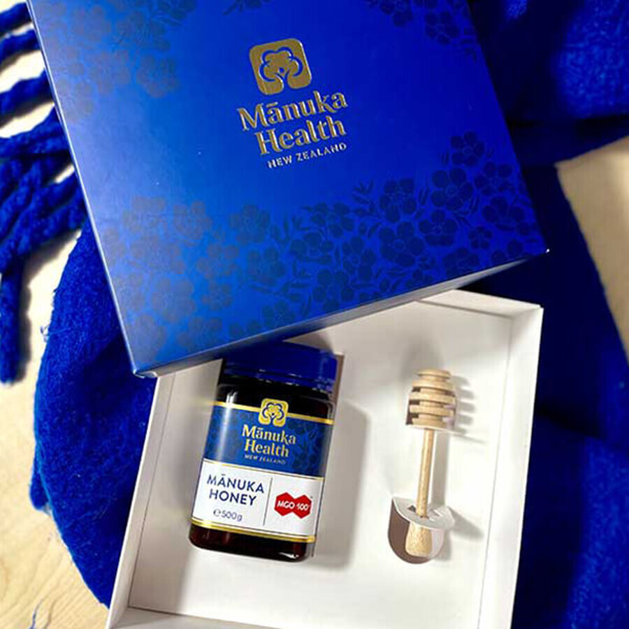 Estuche de regalo Manuka Health, miel de Manuka MGO 100+, 500 g + cuchara de madera de regalo