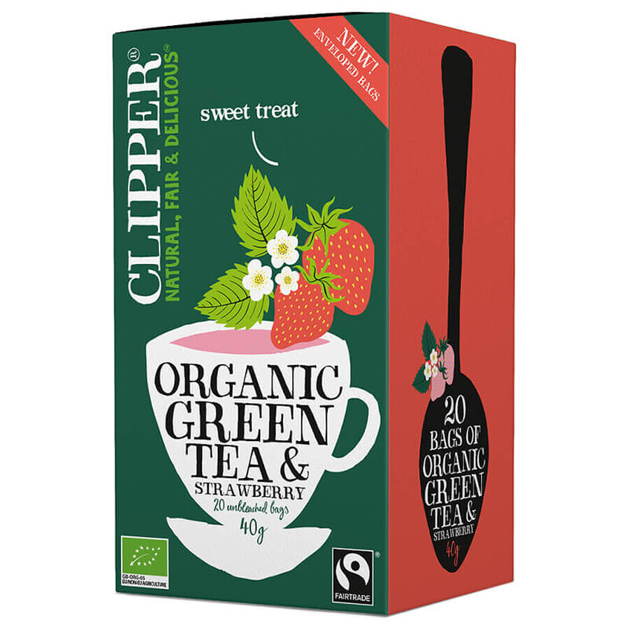 Clipper, green tea with strawberries, 2 g x 20 sachets