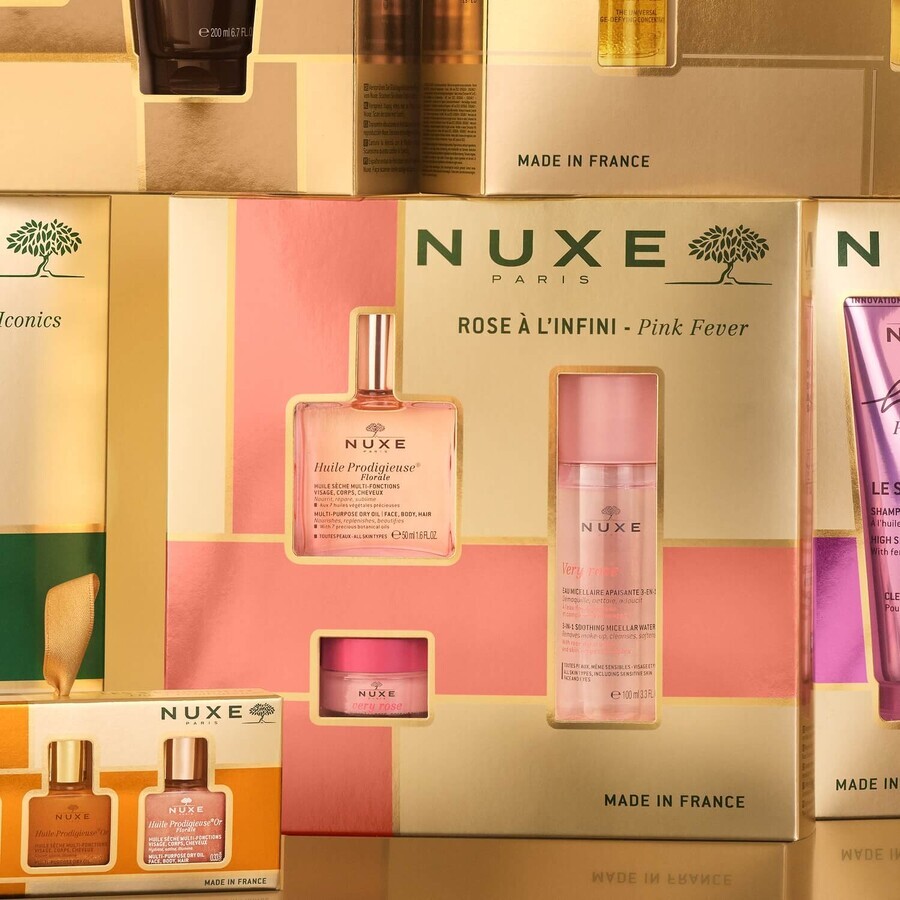 Coffret best-sellers de Nuxe Huile Prodigieuse Florale, huile sèche, 50 ml + eau micellaire apaisante 3-en-1, 100 ml + baume à lèvres à la rose, 15 g