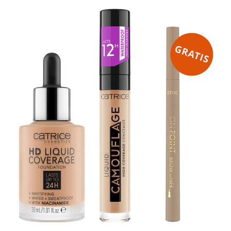 Catrice HD Liquid Coverage Foundation 24H, base de maquillaje líquida, 040 Warm Beige, 30 ml + corrector líquido, 015 Honey, 5 ml + lápiz de cejas de regalo