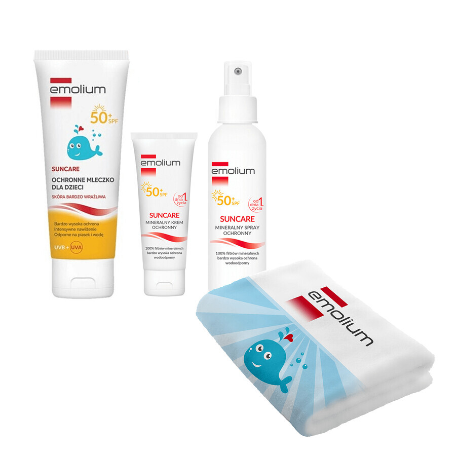 Set Emolium Suncare SPF 50+, protector solar 50 ml + spray protector solar 100 ml + loción protectora solar 125 ml + toalla de baño gratis