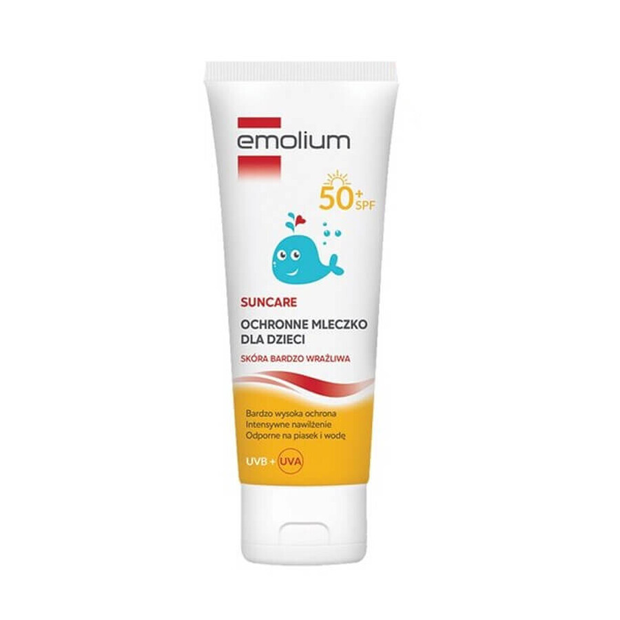 Set Emolium Suncare SPF 50+, protector solar 50 ml + spray protector solar 100 ml + loción protectora solar 125 ml + toalla de baño gratis