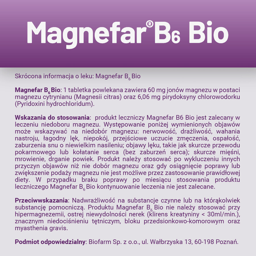 Magnefar B6 Bio 60 mg + 6.06 mg, 60 film-coated tablets