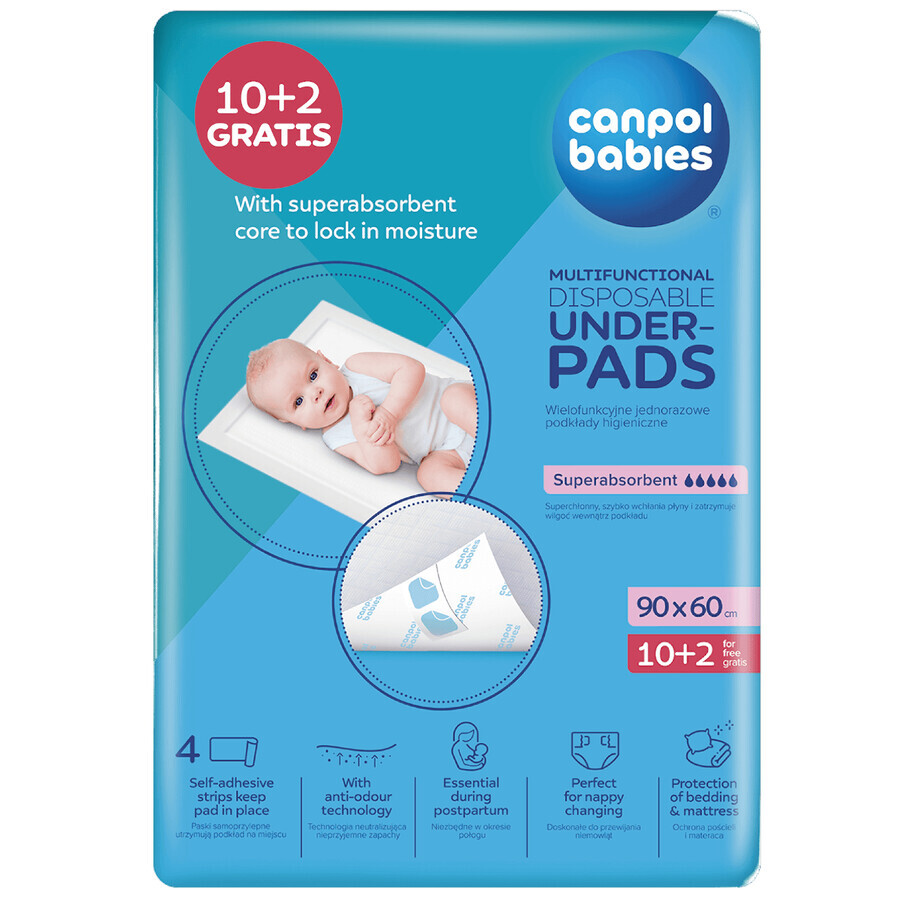 Canpol Babies, compresas desechables multiusos, superabsorbentes, 90 cm x 60 cm, 10 unidades + 2 unidades gratuitas