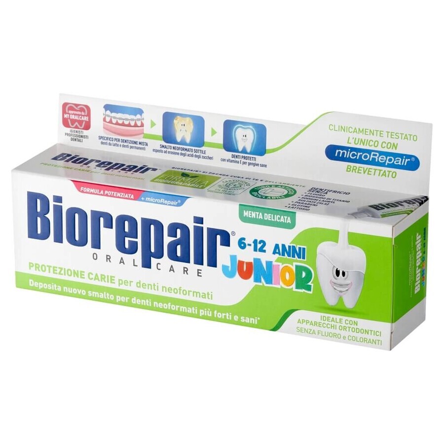 Biorepair Junior, pasta dentífrica sin flúor para niños, menta suave, 6-12 años, 75 ml