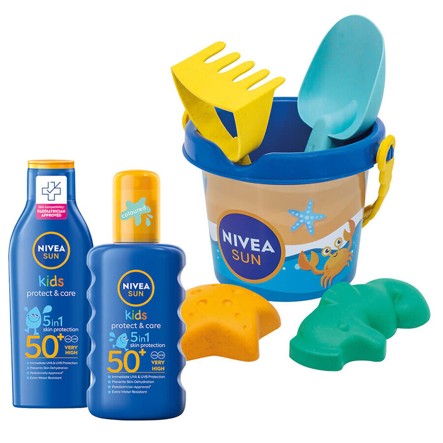 Nivea Sun Kids Protect & Care 5en1 Set, Loción solar infantil, FPS 50+, 200 ml + Spray solar infantil, FPS 50+, 200 ml + cubo de arena gratis