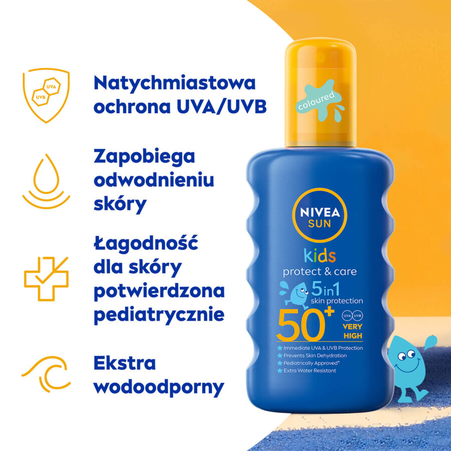 Nivea Sun Kids Protect & Care 5en1 Set, Loción solar infantil, FPS 50+, 200 ml + Spray solar infantil, FPS 50+, 200 ml + cubo de arena gratis