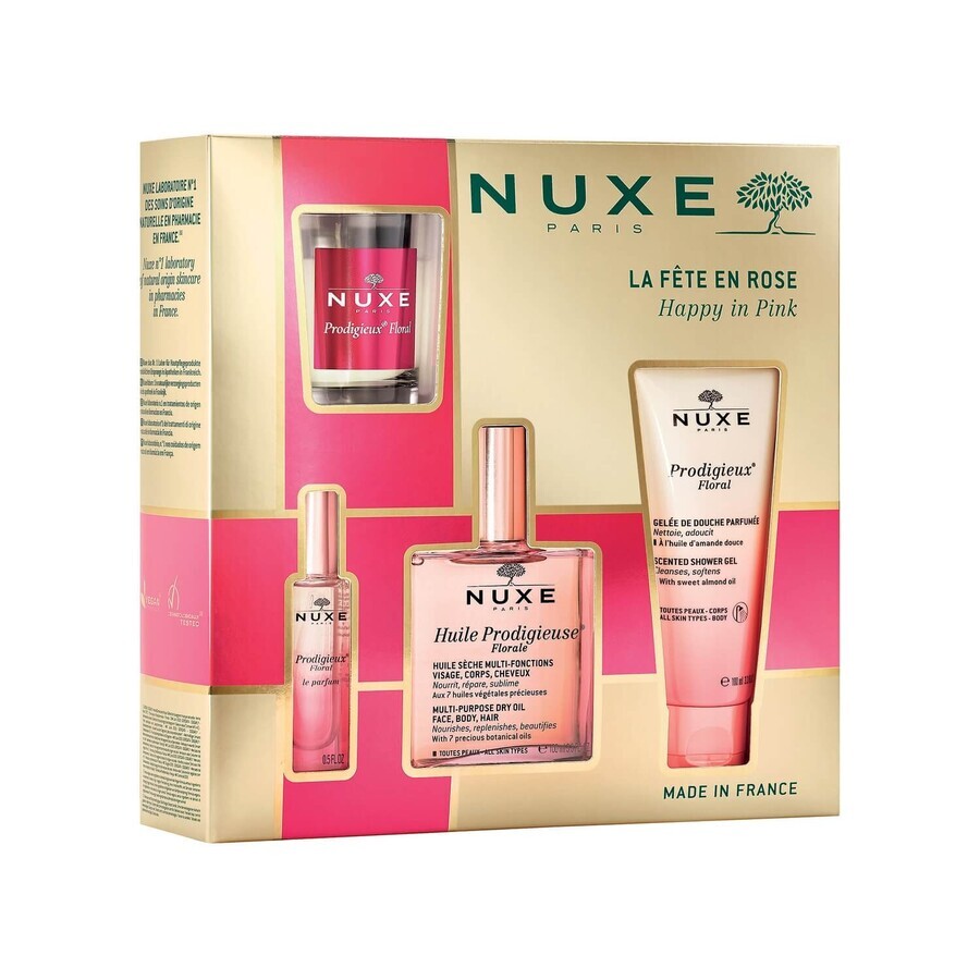 Nuxe Prodigieuse Floral Cult Set, dry oil, 50 ml + shower gel, 100 ml + perfume, 15 ml + scented candle, 70 g