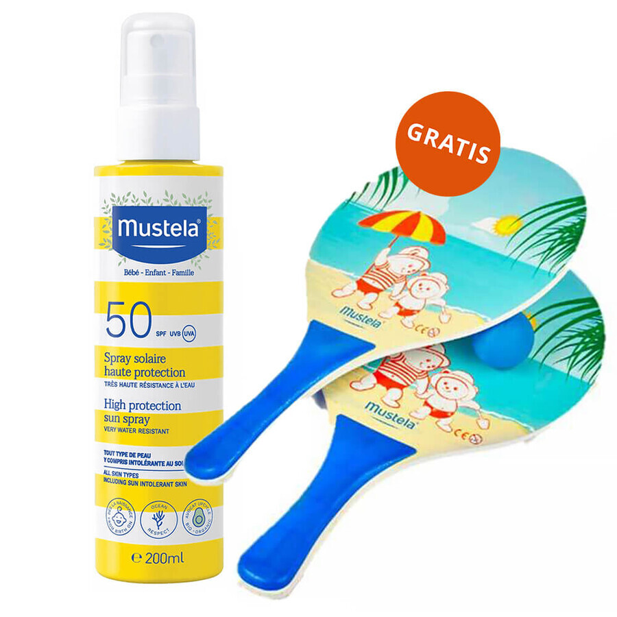 Mustela Sun Bebe Enfant-Famille, spray de protección solar para rostro y cuerpo, FPS 50, 200 ml + raquetas de protección solar gratuitas