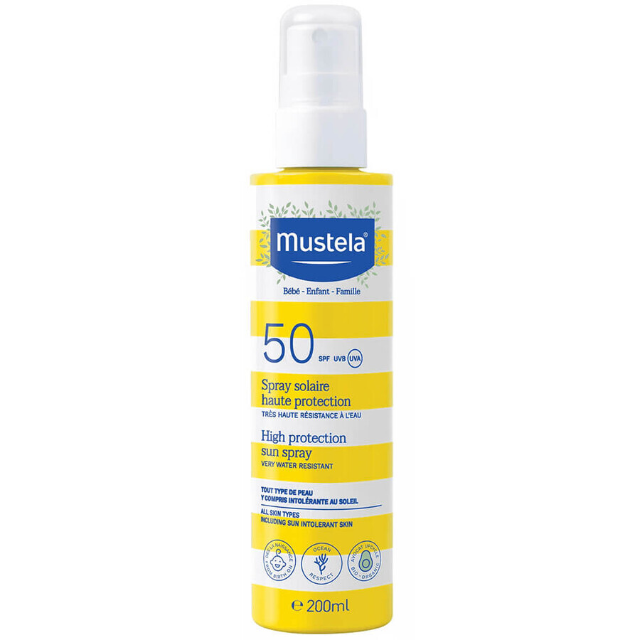 Mustela Sun Bebe Enfant-Famille, spray de protección solar para rostro y cuerpo, FPS 50, 200 ml + raquetas de protección solar gratuitas