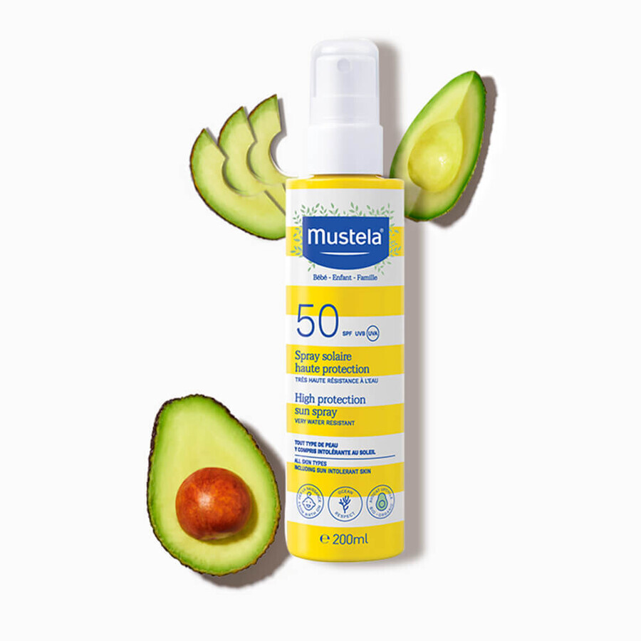 Mustela Sun Bebe Enfant-Famille, spray de protección solar para rostro y cuerpo, FPS 50, 200 ml + raquetas de protección solar gratuitas