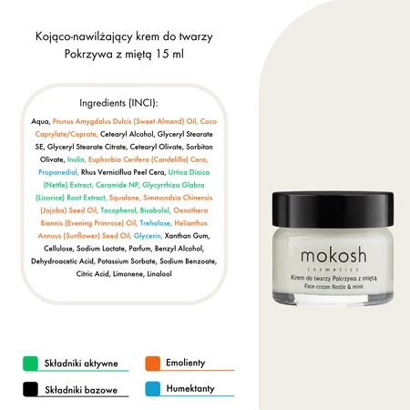 Mokosh crema facial calmante e hidratante, ortiga con menta, 15 ml