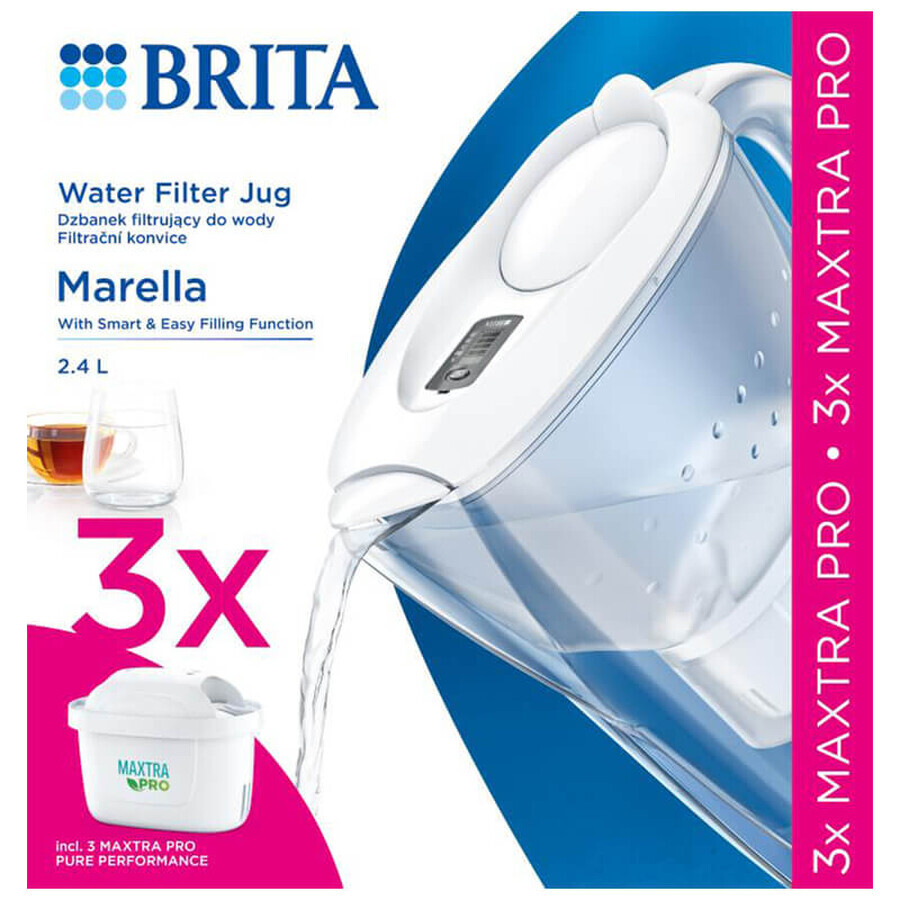 Brita Marella, jarra con filtro 2,4 litros, blanca + filtro Maxtra Pro Pure Performance, 3 piezas