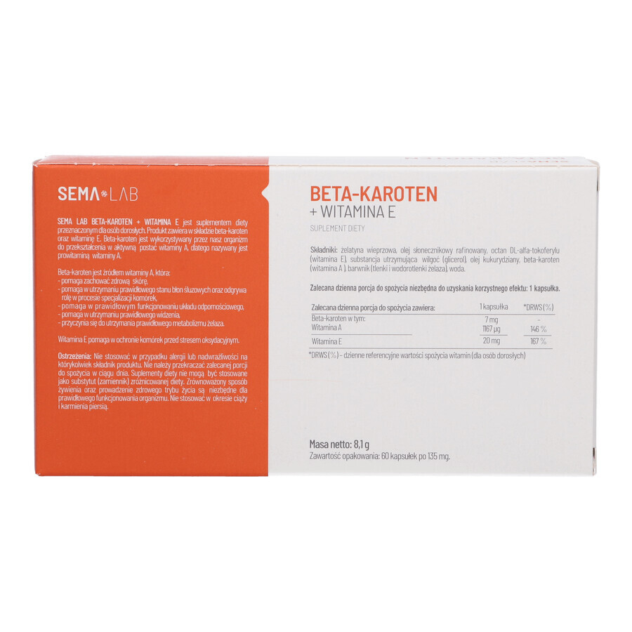 SEMA Lab Betacaroteno + vitamina E, 60 cápsulas blandas