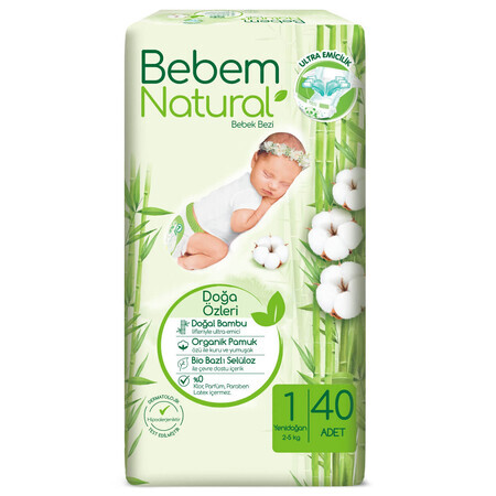 Bebem Natural, pañales de bambú, talla 1, Recién nacido, 2-5 kg, 40 unidades