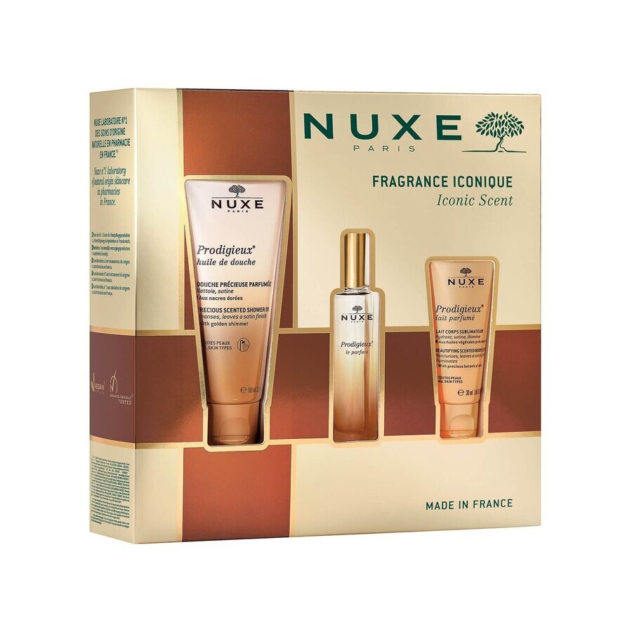 Estuche de perfume Nuxe Prodigieuse, fragancia, 30 ml + aceite de ducha, 100 ml + leche corporal perfumada, 30 ml