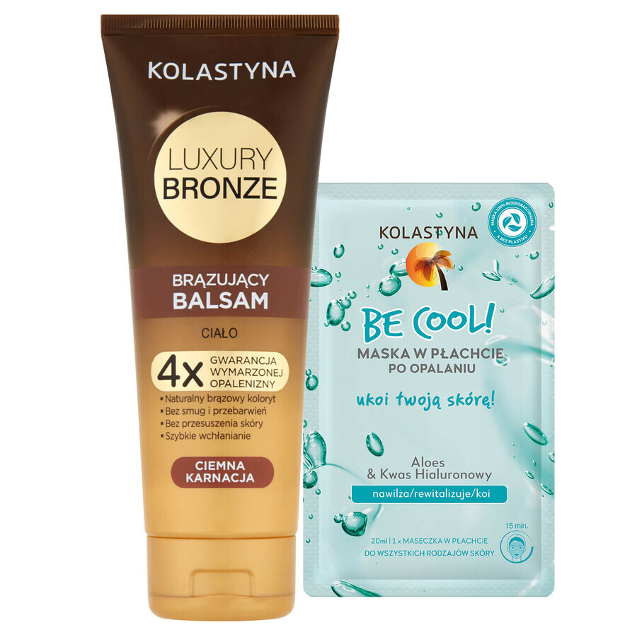 Kolastyna Luxury Bronze set, loción corporal bronceadora para pieles oscuras, 200 ml + mascarilla para después de tomar el sol, 20 ml por 1 penique