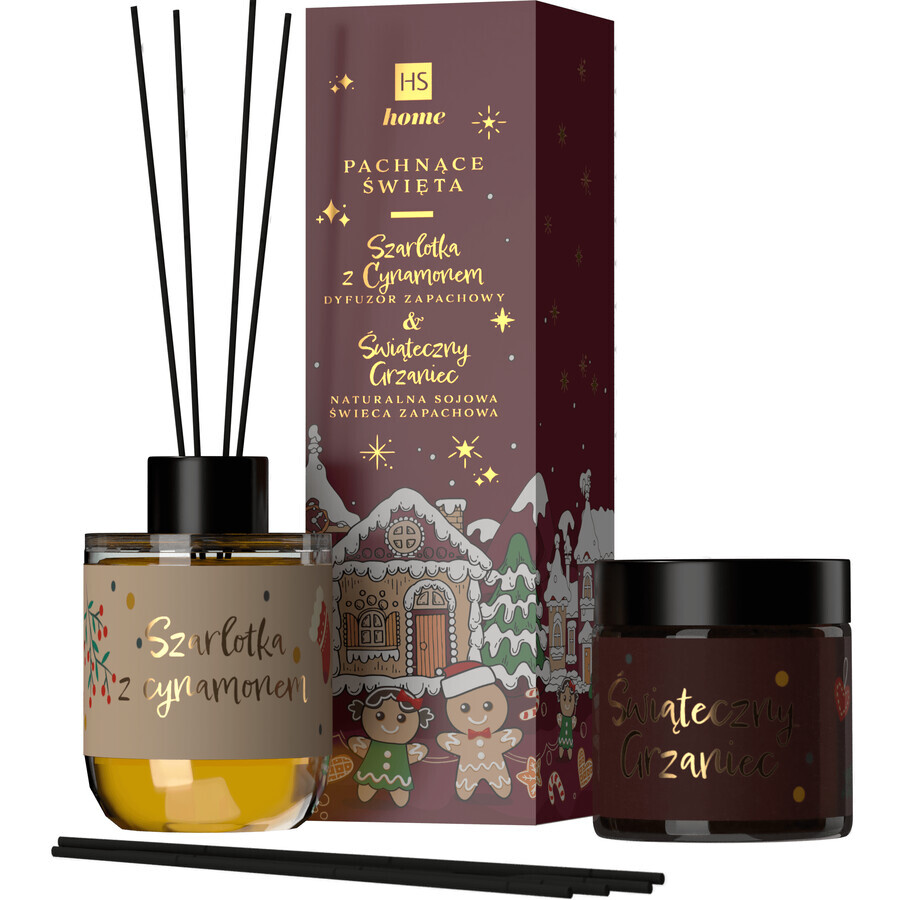 HiSkin Set Navideño Perfumado, Vela de Soja, Calentamiento Navideño, 100 ml + varilla difusora, Tarta de Manzana y Canela, 80 ml