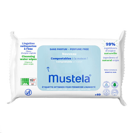 Mustela, cleaning wipes, compostable, unscented, from birth, 60 pieces