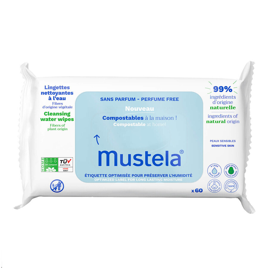 Mustela, cleaning wipes, compostable, unscented, from birth, 60 pieces