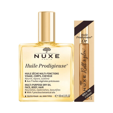 Aceite para rostro, cuerpo y cabello 100ml + Roll On para rostro y escote 8 ml Huile Prodigieuse, Nuxe