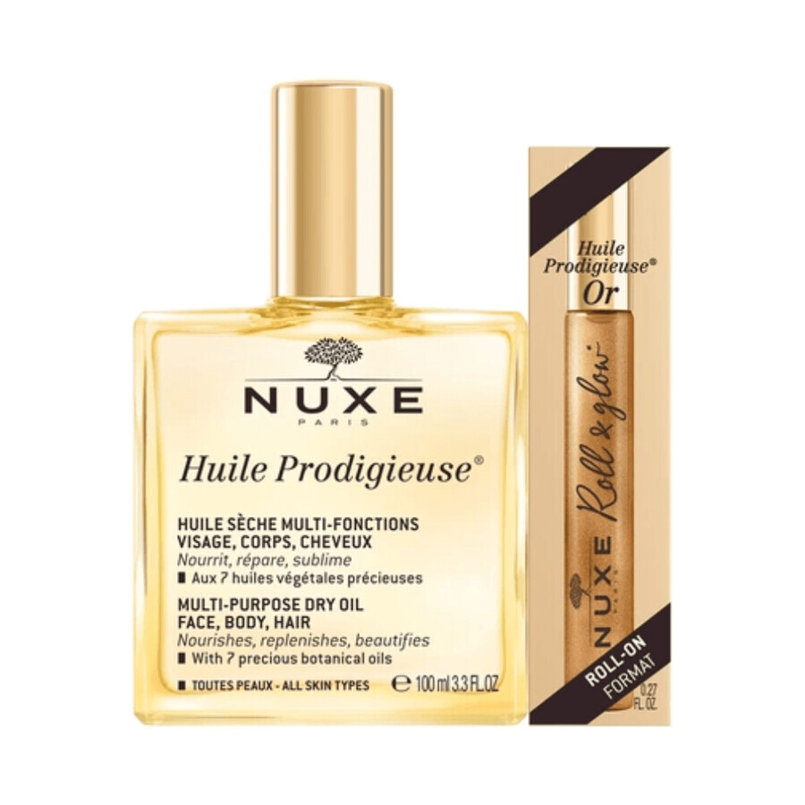 Aceite para rostro, cuerpo y cabello 100ml + Roll On para rostro y escote 8 ml Huile Prodigieuse, Nuxe