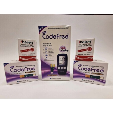 CodeFree SD Glucómetro + 2 x pruebas de glucosa en sangre, 50 piezas, CodeFree