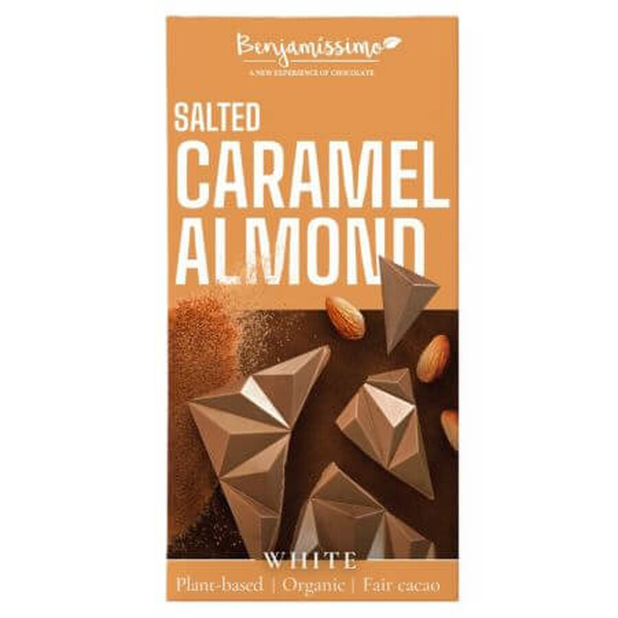 Chocolat blanc bio aux amandes et au caramel salé, 60 g, Benjamisimo