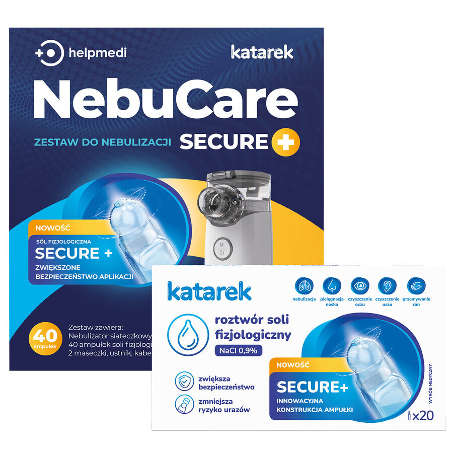 NebuCare Secure+, set de nebulización, nebulizador de malla NE-M01L + solución salina NaCl 0,9%, 5 ml x 40 ampollas