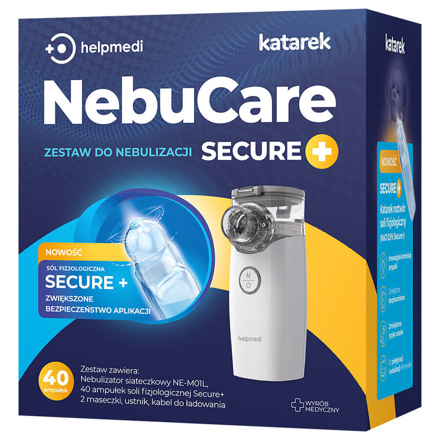 NebuCare Secure+, set de nebulización, nebulizador de malla NE-M01L + solución salina NaCl 0,9%, 5 ml x 40 ampollas