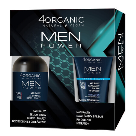 4Organic Men Power set, gel limpiador para barba y rostro, 200 ml + bálsamo hidratante para después del afeitado, Sensitive, 150 ml