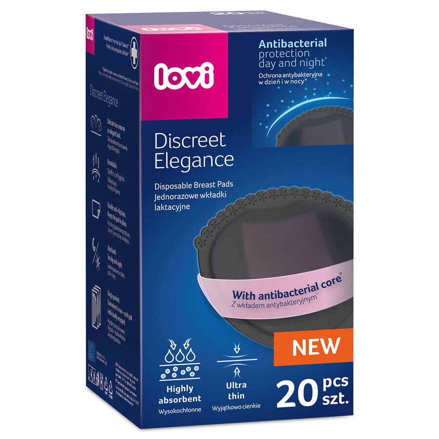 Lovi Discreet Elegance, discos absorbentes, antibacteriano, negro, 20 unidades