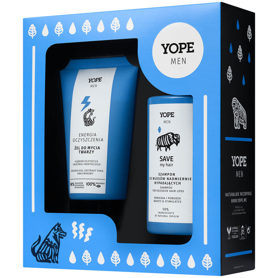 Yope Men's set, Gel limpiador facial Cleansing Energy, 150ml + Champú anticaída Save my Hair, 300ml