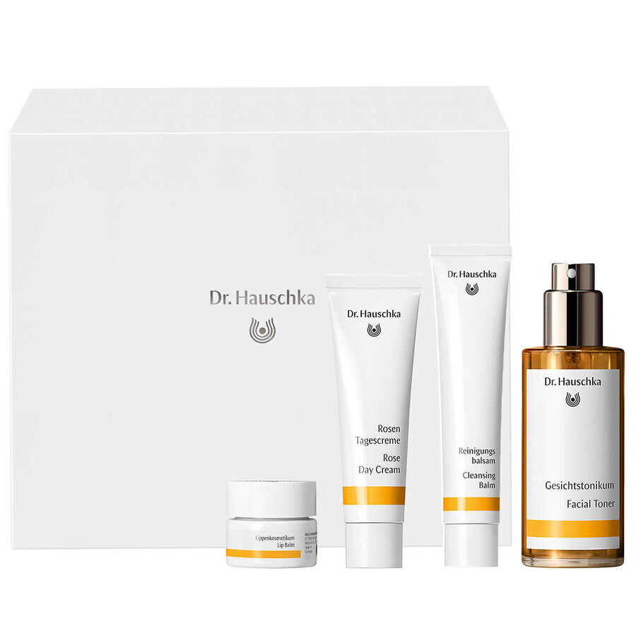 Dr Hauschka Beautiful Face Set, tónico tonificante 100 ml + crema de día de rosas 30 ml + lavado facial 75 ml + bálsamo labial en tarro 4,5 ml