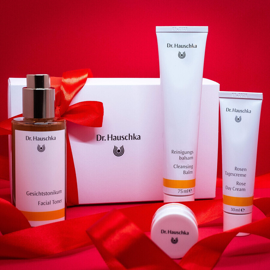 Dr Hauschka Beautiful Face Set, tónico tonificante 100 ml + crema de día de rosas 30 ml + lavado facial 75 ml + bálsamo labial en tarro 4,5 ml