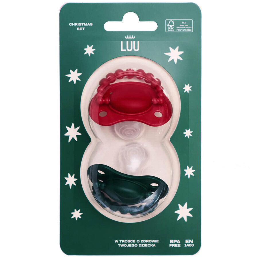 Luu Kids set, tétine, positionnement, silicone, Holy Green & Santa Red, 0-3 mois, 2 pièces