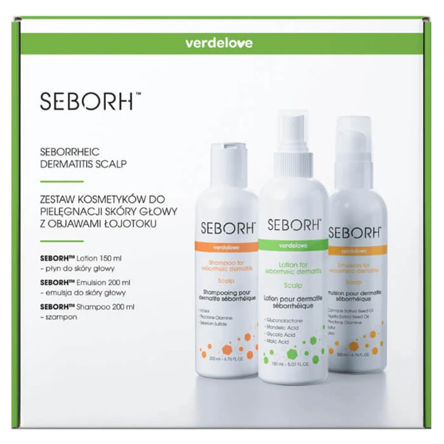 Zestaw Verdelove Seborh, na łojotokowe zapalenie skóry, szampon 200 ml + emulsja, 200 ml + płyn, 150 ml: ceny i cechy